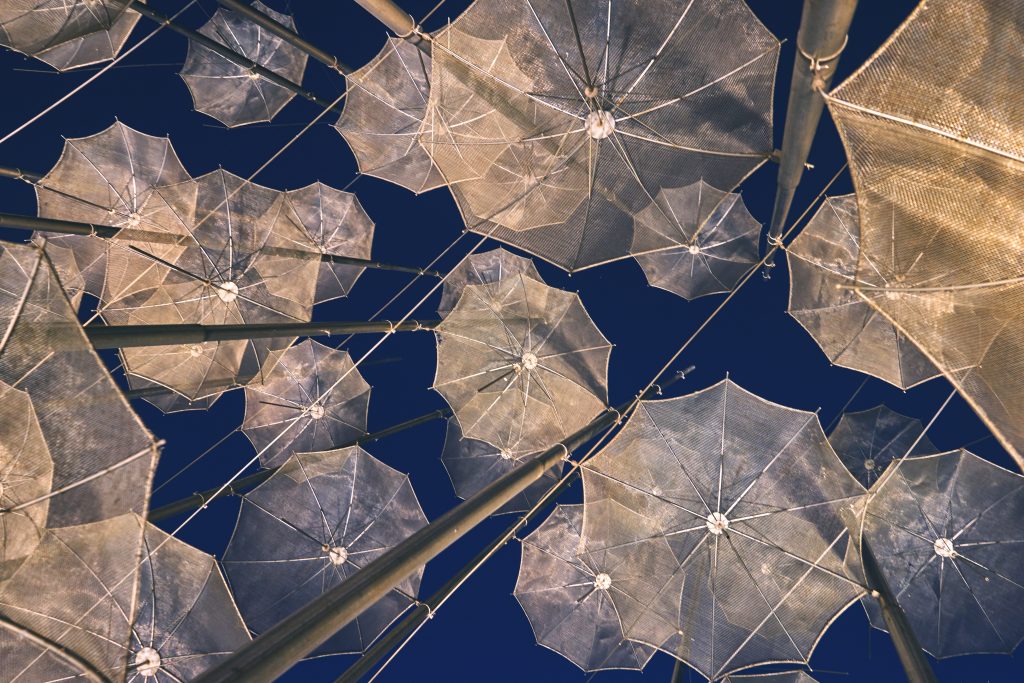 The "Umbrellas" Installation at the new waterfront of Thessaloniki during evening twilight.